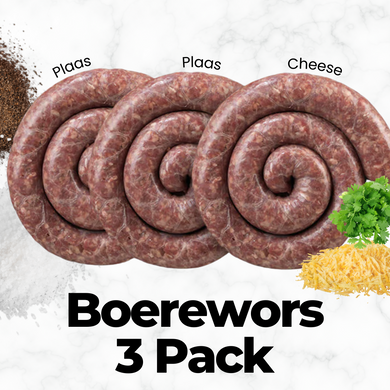 Boerewors Combo 3 x 500g packs (2 Plaaswors & 1 Cheese Boerewors)