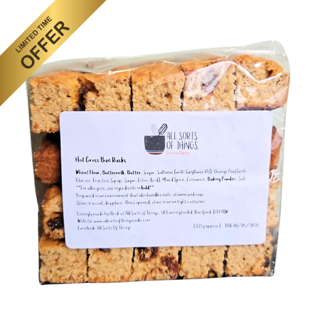 Packaged rusks with a label on a white background