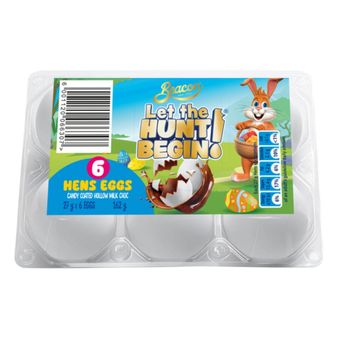 Packaging of 6 hens eggs with a cartoon rabbit and Easter-themed design on a white background.