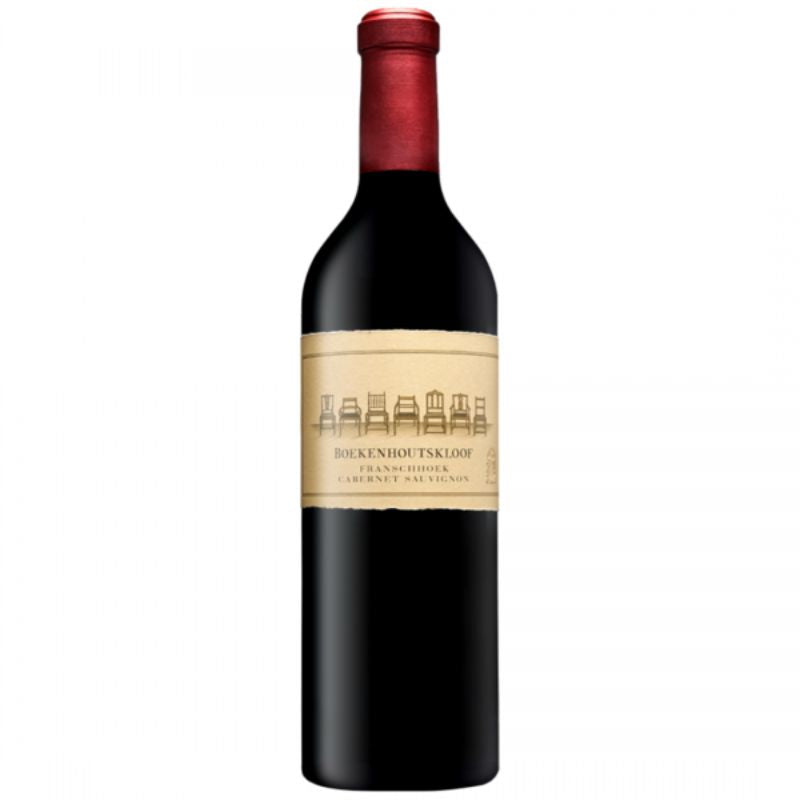 A bottle of Buckenhouts Kloof Franciscan Red Cabernet Sauvignon with a beige label and a red foil-wrapped neck, shown against a plain white background.