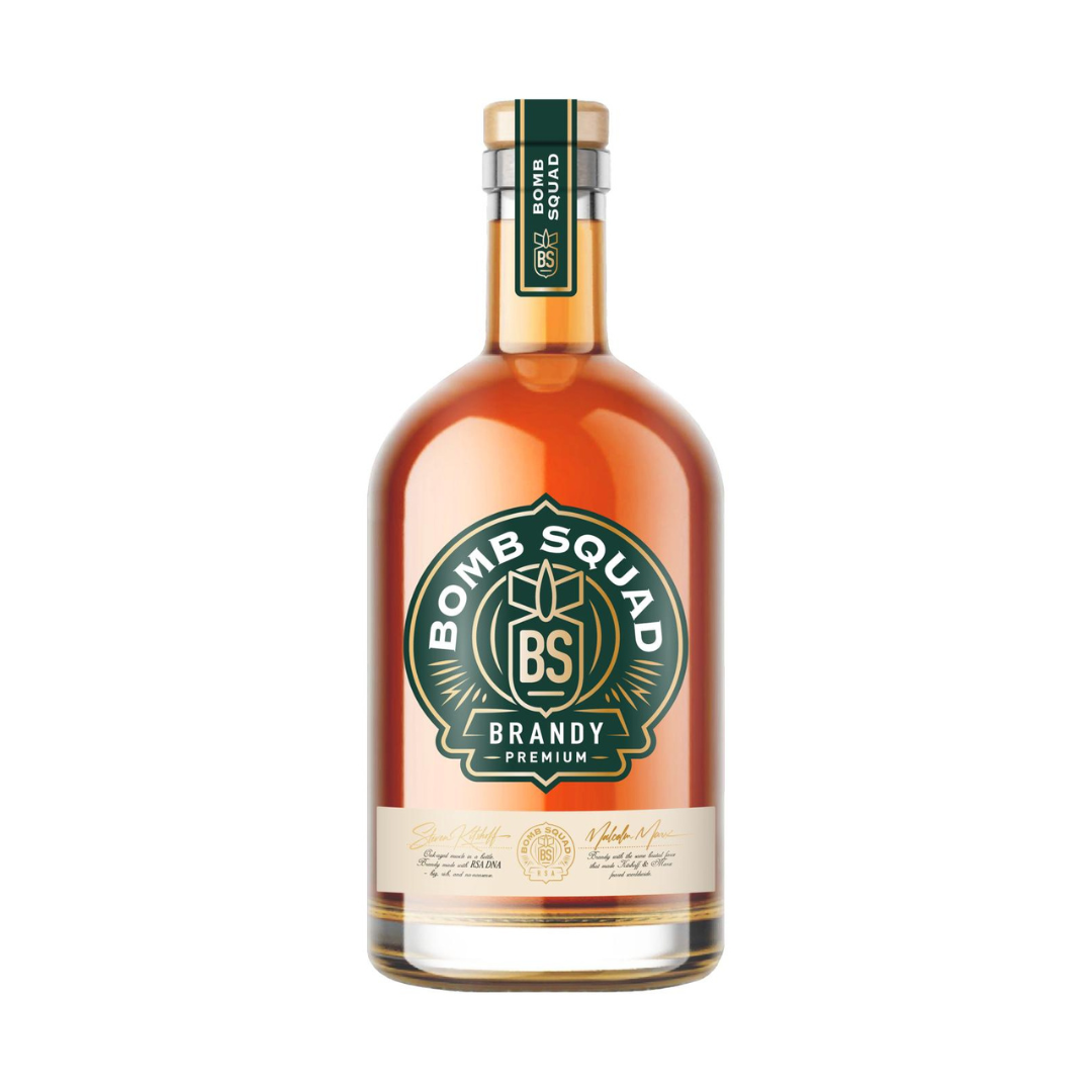 Bottle of Bomb Squad Brandy on a white background