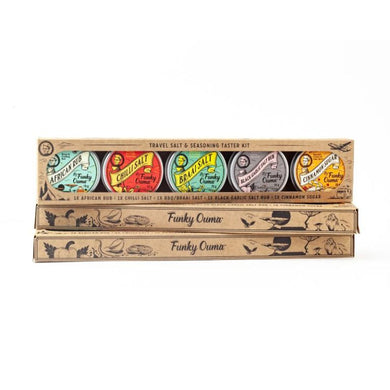 Funky Ouma travel salt and seasoning taster kit packaging on a white background