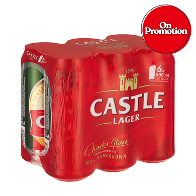 Castle Lager Can 500ml 6 Pack (BB: 25/11/2025)
