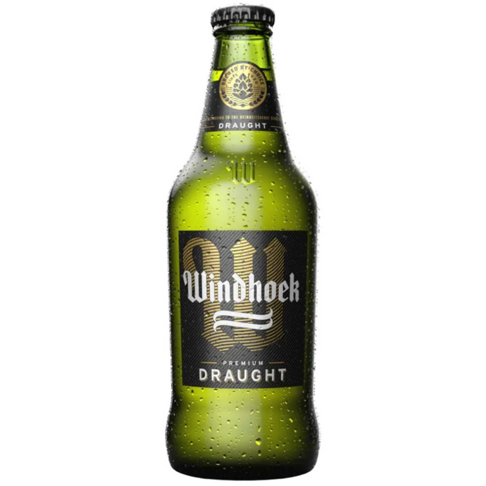 A bottle of Windhoek Draught beer with a black label on a white background.