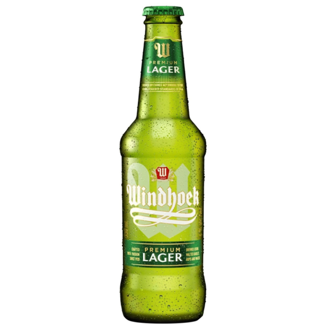 A 330ml bottle of Windhoek Lager with a green label and logo.