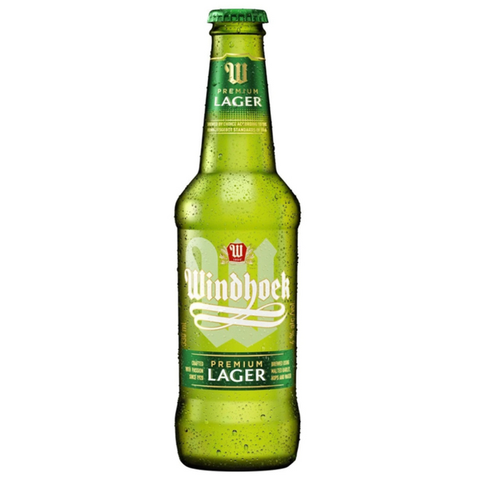 A 330ml bottle of Windhoek Lager with a green label and logo.