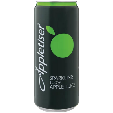 A can of Appletiser sparkling apple juice with a green apple logo on it.


