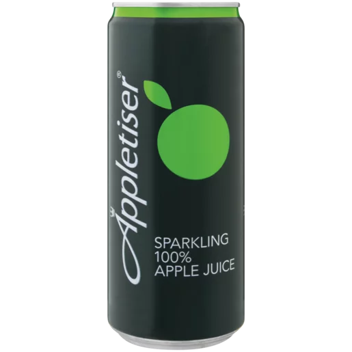A can of Appletiser sparkling apple juice with a green apple logo on it.

