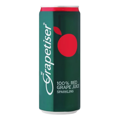 A can of Grapetiser Red sparkling grape juice with a predominantly green body, featuring the Grapetiser logo and a red apple graphic, indicating 100% red grape juice.