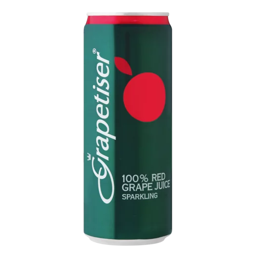 A can of Grapetiser Red sparkling grape juice with a predominantly green body, featuring the Grapetiser logo and a red apple graphic, indicating 100% red grape juice.
