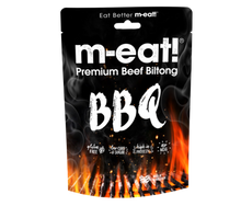갤러리 뷰어에 이미지 로드, Packaging of m-eat! Premium Beef Biltong with BBQ flavor, featuring flames and brand logos, indicating it contains 200g beef per 100g.